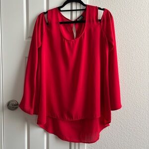 Gameday Couture high-low blouse with cold shoulder cutout flare sleeves (size M)